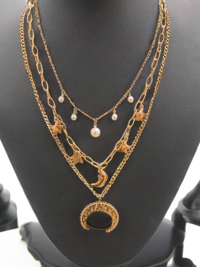 LUXE THREELAYERS NECKLACE SET - PEARL MOONLIGHT (GOLD)