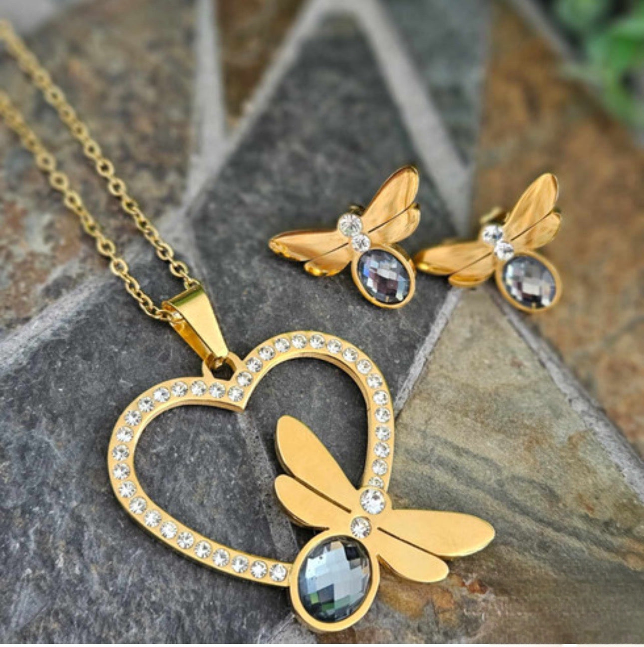 SET LUXE HEART DRAGONFLY (SSGOLD-PEWTER)