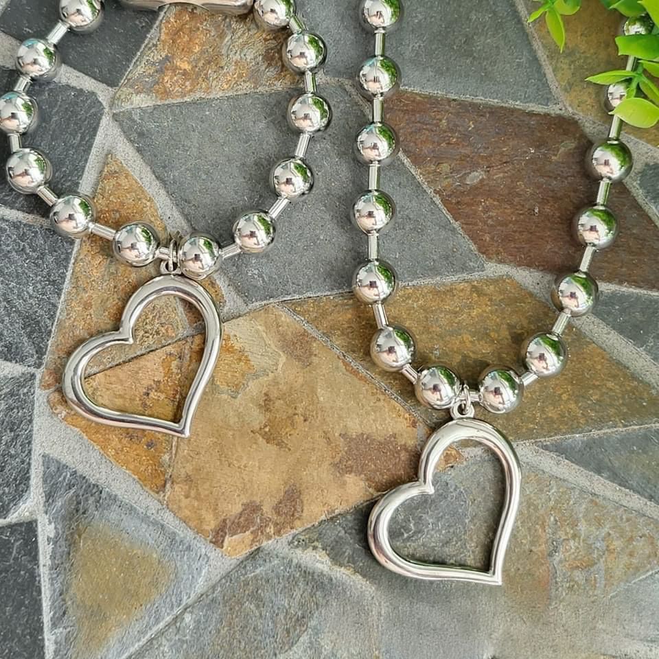 Stainless Steel Necklace Set- Hanging Heart (silver)