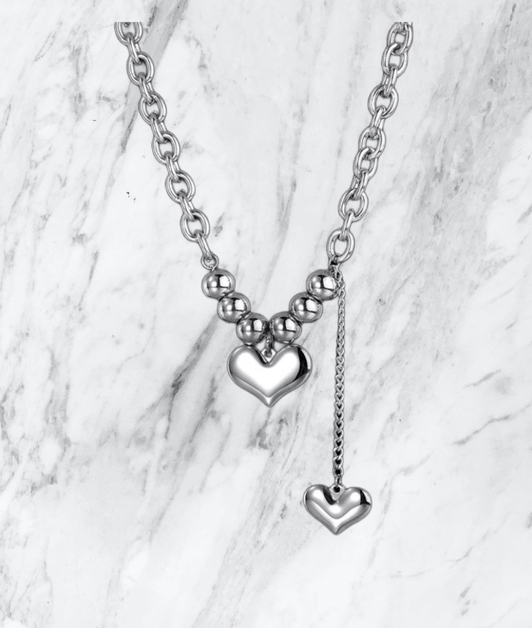 Stainless Steel Necklace- Double Heart (Silver)